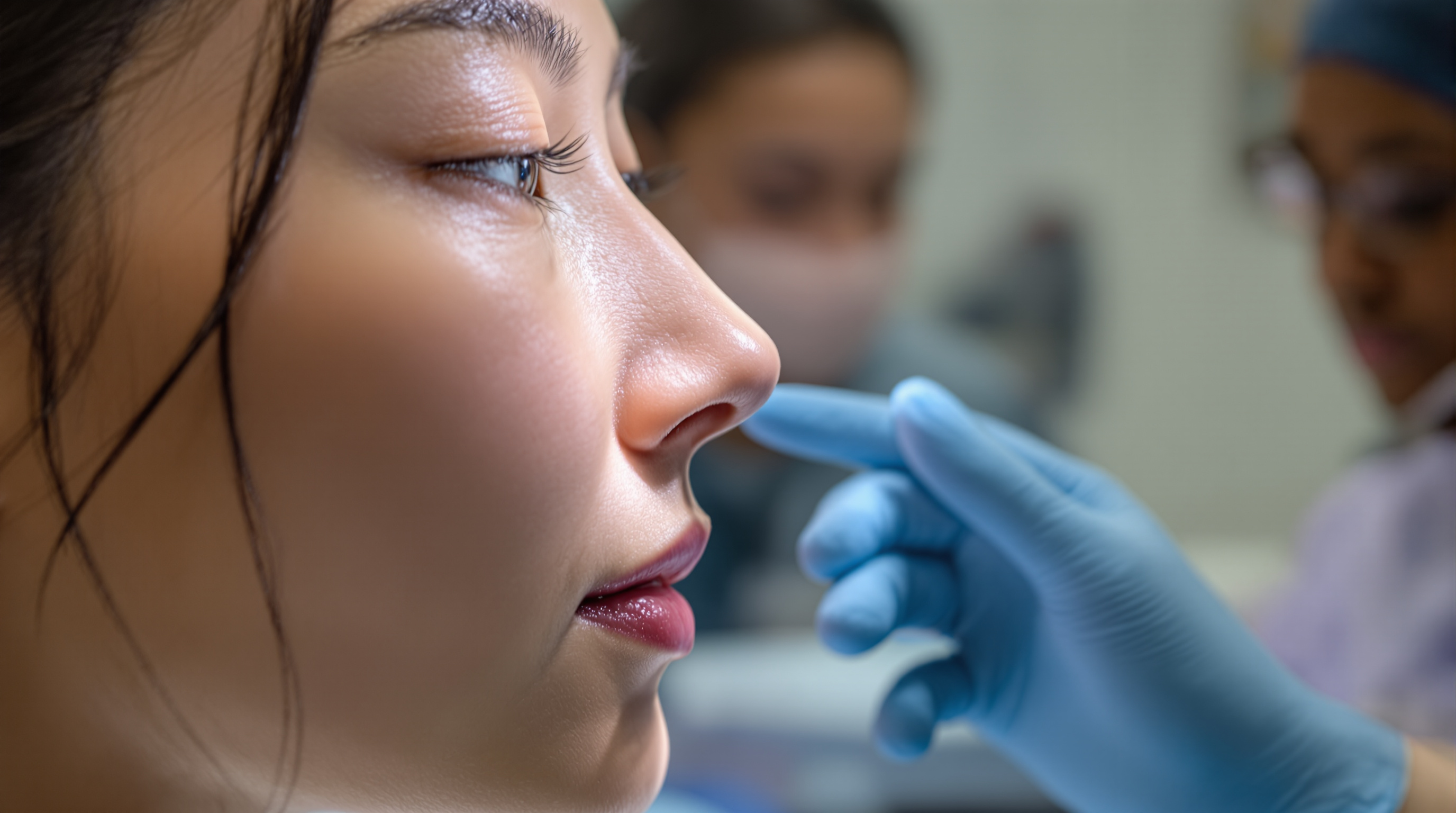 Frontal close-up of the base of a human nose showing the nostrils and alar rims in soft even light