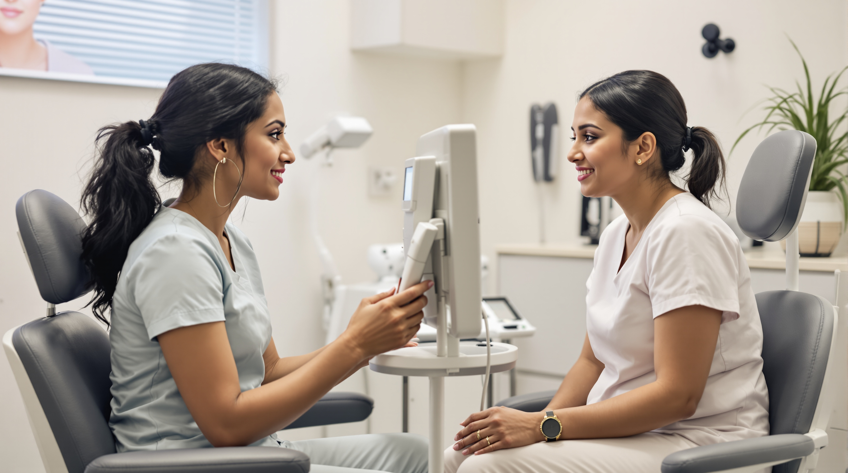 A plastic surgeon reviewing a profile photo with a patient in a clinic consultation room