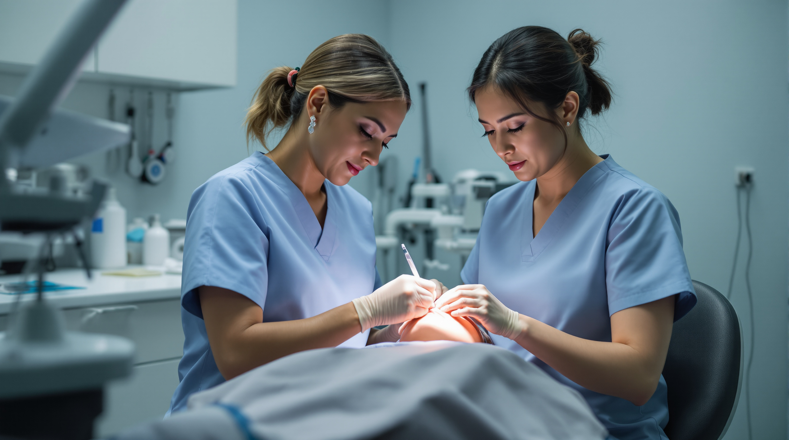 A facial plastic surgeon in the operating room performing detailed rhinoplasty work under bright surgical light