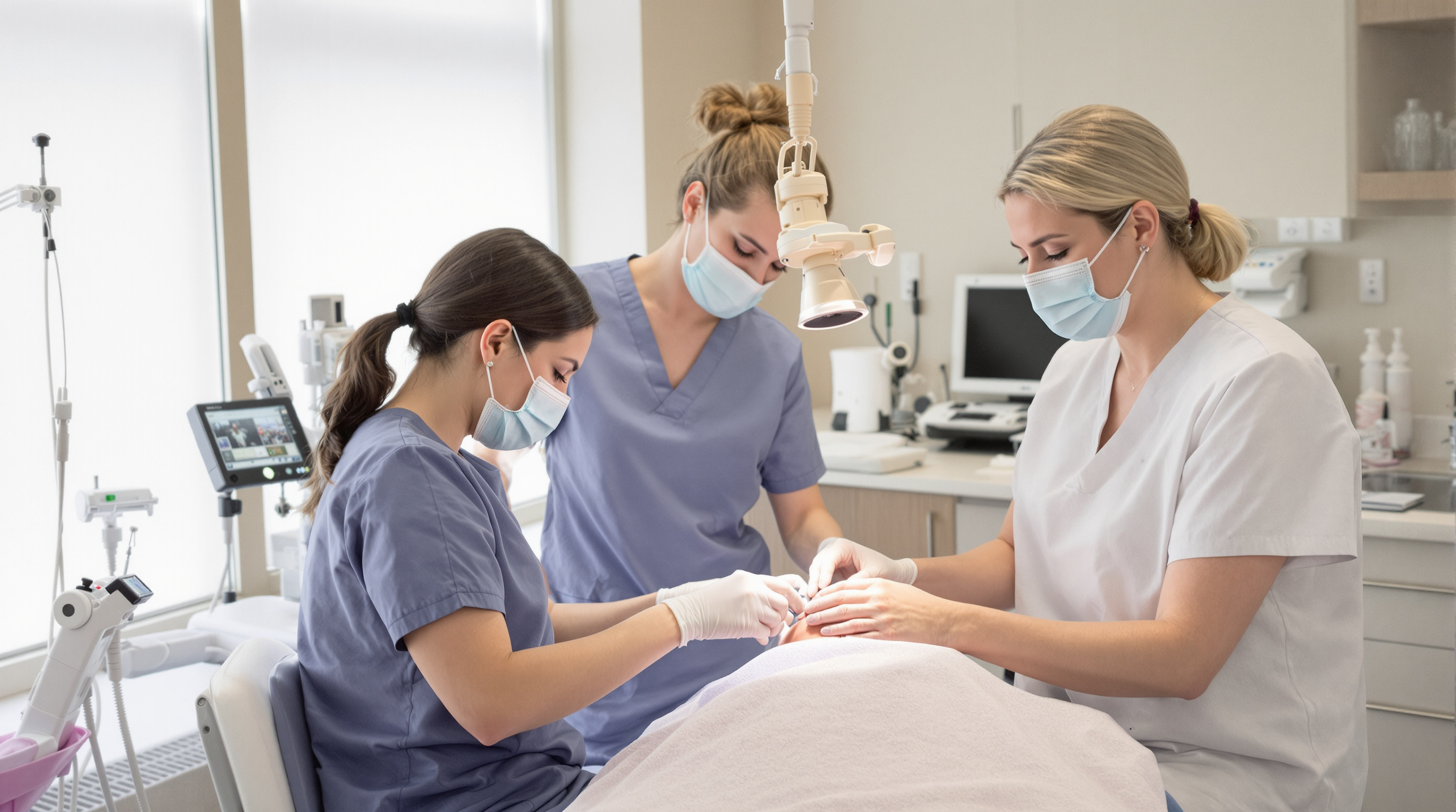 A masked facial plastic surgeon gently assessing a calm patient's nasal profile in a bright consultation room