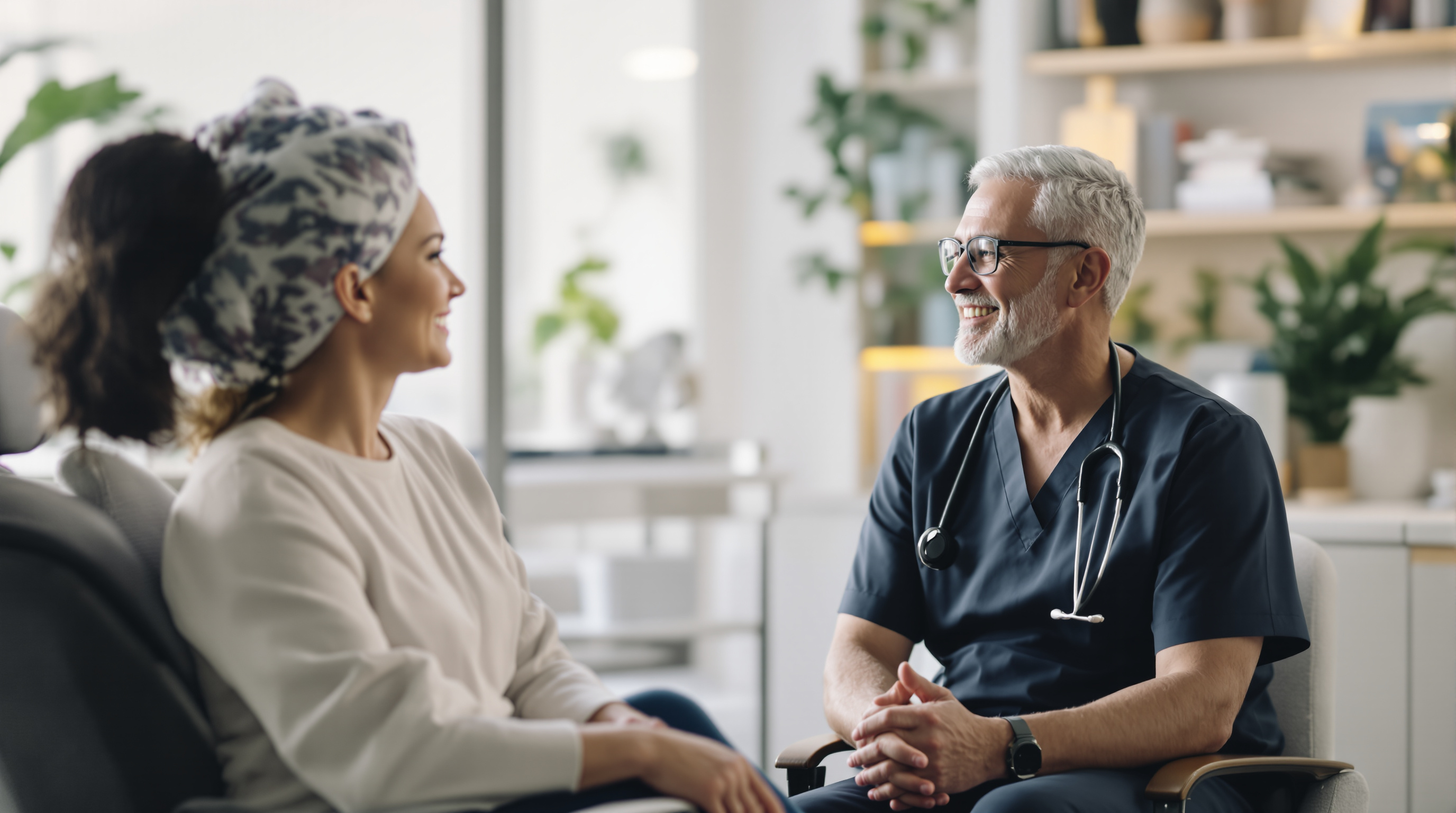 A patient reviewing an itemized surgical cost estimate with a practice coordinator at a desk in a bright consultation office
