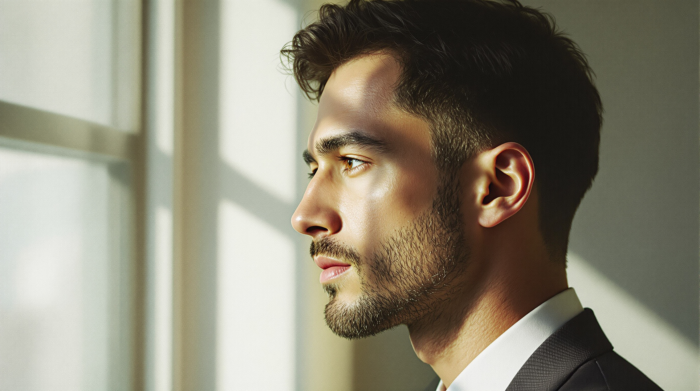 Soft three-quarter beauty portrait of an adult with a balanced natural nose